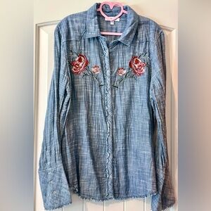 William Rast Chambray Shirt with Red Floral Embroidery